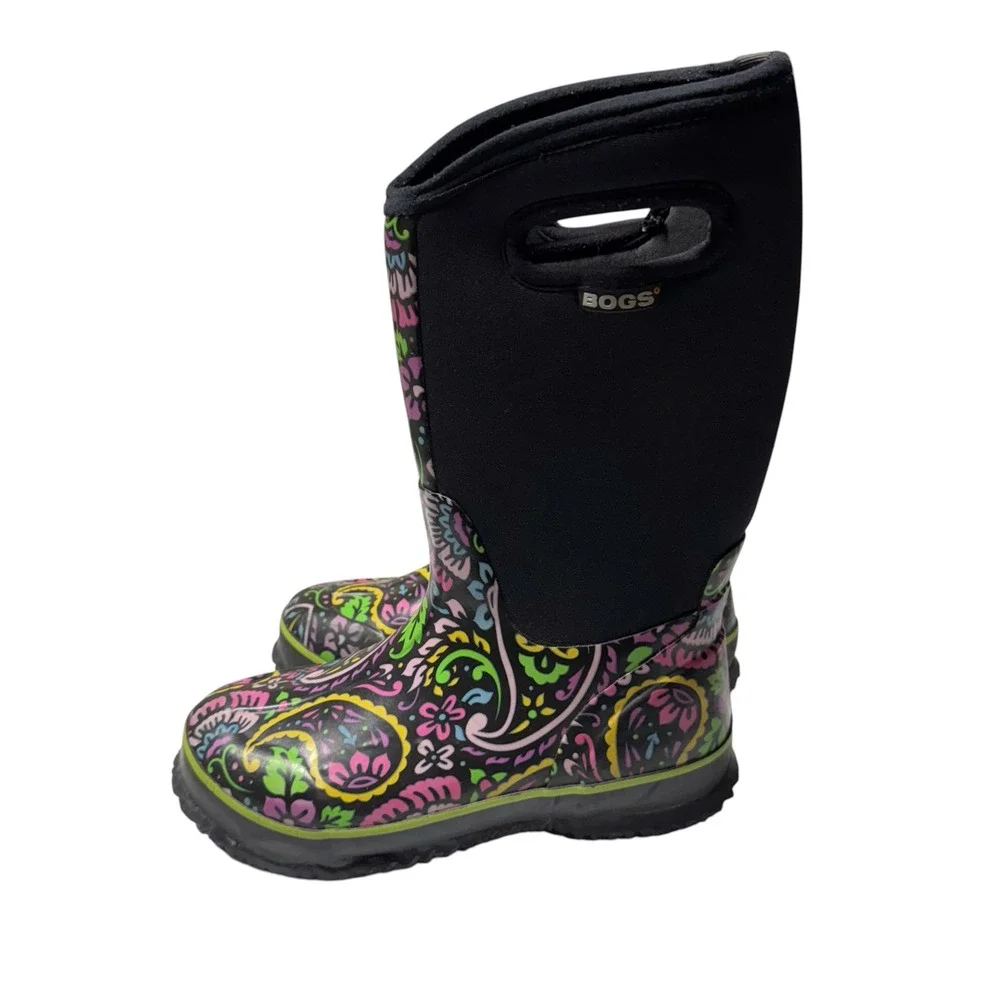 Bogs Tuscany High Rain Snow Boots Girls Sz 4 Paisley Floral Waterproof -30 Black